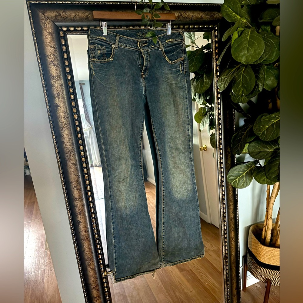 silver flare jeans - size 31 waist, 37 inseam (long!)